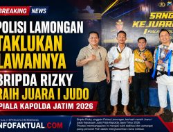 Polisi Lamongan Taklukkan Lawannya, Bripda Rizqy Raih Juara 1 Judo Piala Kapolda Jatim 2026.